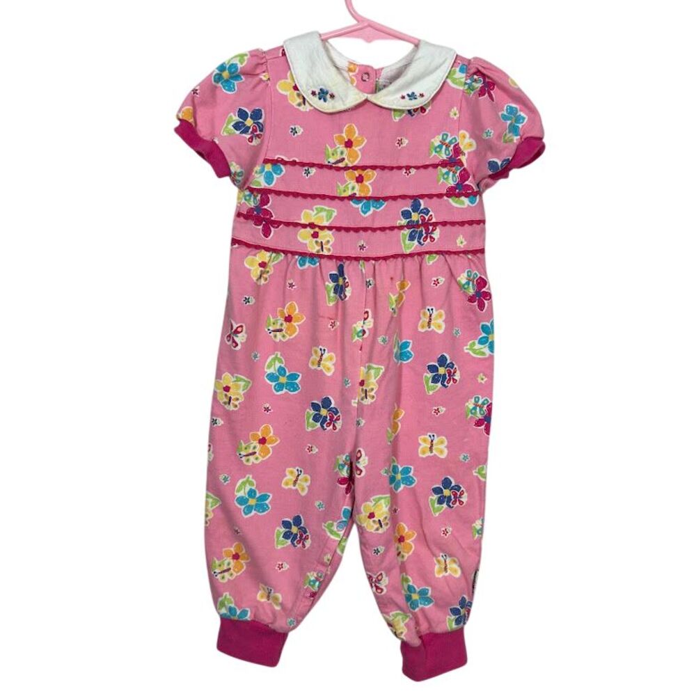VTG 90s Rainbow Tag Gymboree Romper Baby XS Pink Floral Collar Cotton